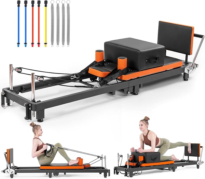 Pilates Reformer, Foldable Pilates Machine with Jump Board & Pilates Box (4 Springs & 5 Resistance Cords) for Home Gym Workout, Pilate Equipment Kit for Beginners & Advanced Users, Up to 500 LBS