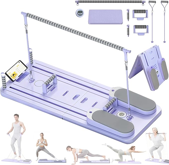 Portable Pilates Reformer Board, Foldable Home Pilates Board kit with Phone Holder and Timer, 8-in-1 Multi-Functional Reformer Pilates Machine