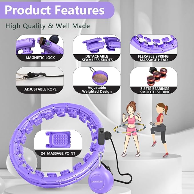 U1 Weighted Hula Hoop – 30 Knots 19"–61" Adjustable Waist, Magnetic Lock with Spring Massage Heads, Infinity Hoop Plus Size for Adults & Kids, Ab Workout, Weight Loss, Abdominal Toner