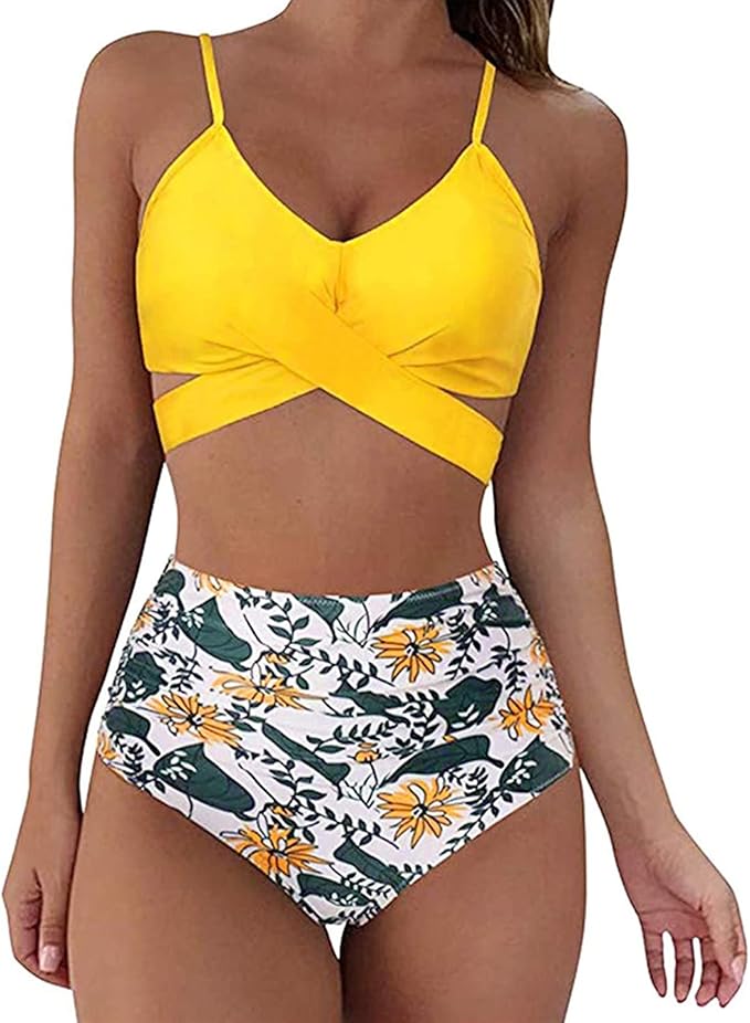 Womens Front Cross Ruched Bikini Set Twist Wrap Swimwear High Waisted Bottoms Print Straps Push Up Swimsuits