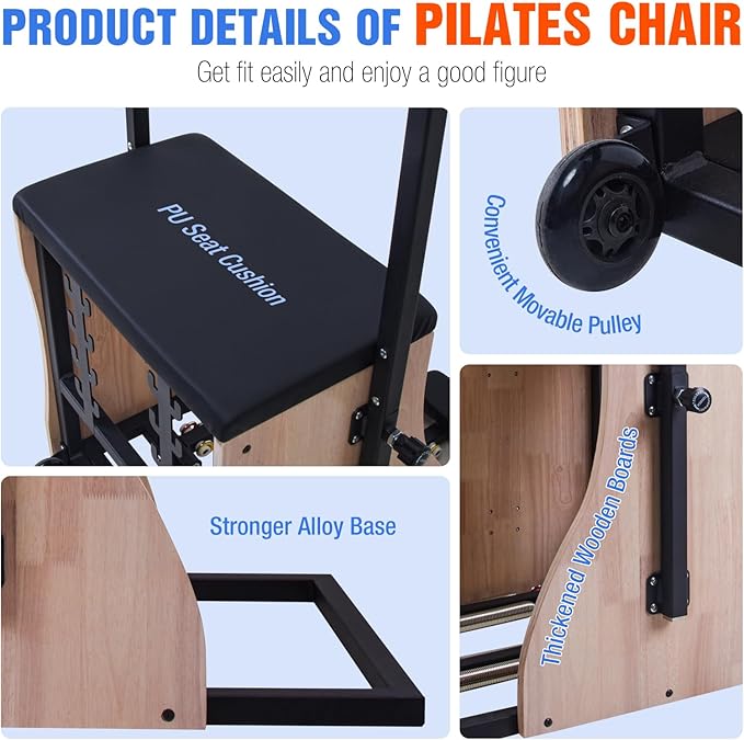 Pilates Chair Wunda Chair Pilates Combo Chair Reformer Machine with Adjustable Resistance Springs Split Pedal Handles Home Gym Equipment for Yoga Core Training Rehabilitation Includes Non-Slip Socks
