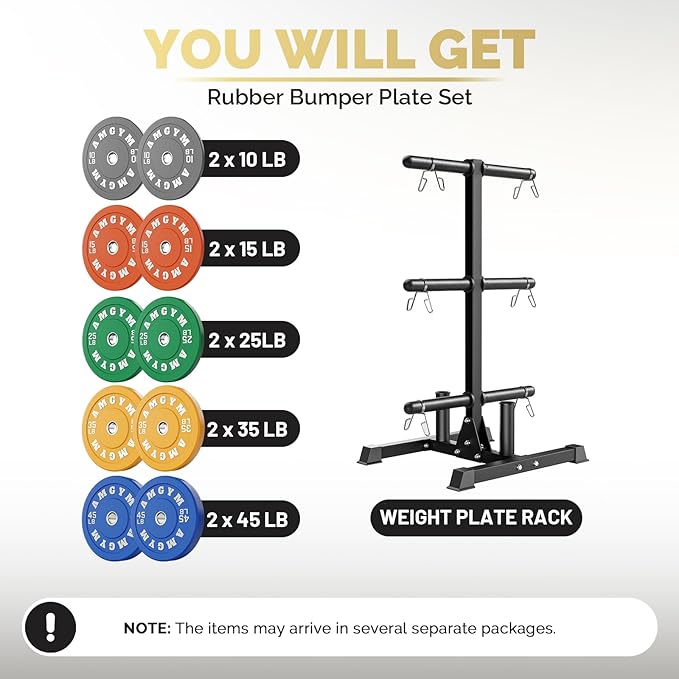 Weight Plate Tree Rack & Weight Set, Strength Training Plate Storage Stand and Barbell Holders for Home Gym, 1100 lb Weight Capacity, Fits Both 1" and 2" Bumper Plates
