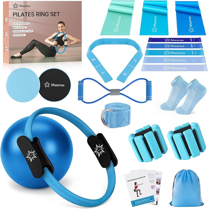 Pilates Equipment Kit for Home Workout, Pilates Ring and Ball Set for Women, 14'' Magic Circle Essentials Accessories Kit, Wrist Weights, Resistance Bands, Yoga Strap, Socks, Bag