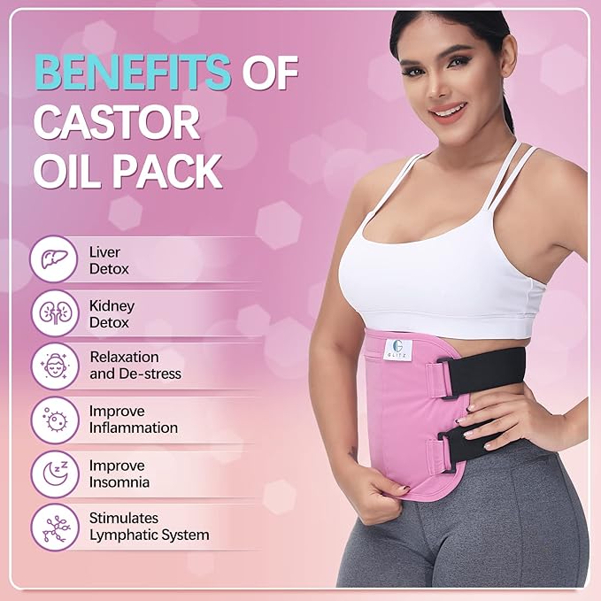 glitz Castor Oil Pack Wrap – Reusable Organic Castor Oil Pack for Liver (Compress), Less Mess, Anti Leak Outer Layer, Soft Cotton (Pink)