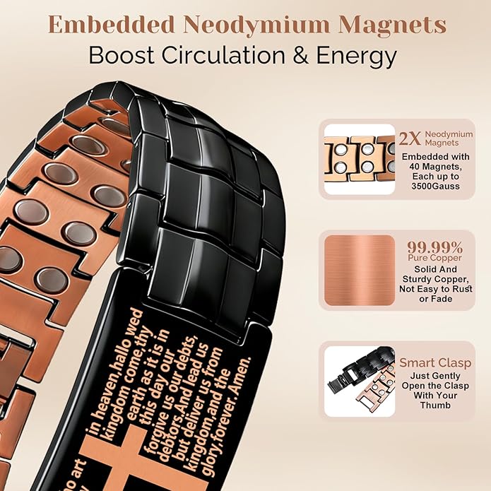 JEROOT Men's 99.99% Pure Copper Magnetic Bracelet, 3500 Gauss Magnets Adjustable with Sizing Tool