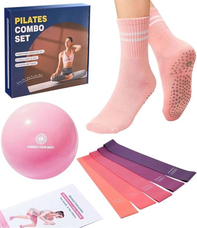 Pilates Ball Resistance Bands Grip Socks Barre Sets, Loop Exercise Bands 5 Levels, Small Yoga Ball 9 Inch, Non Slip Socks Workout Kit at Home