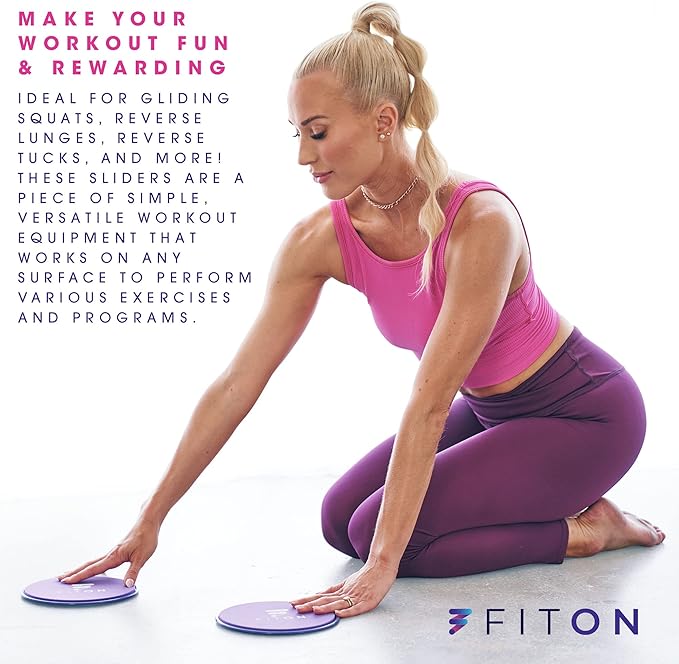 FitOn Core Sliders with Mesh Pouch – Dual-Sided Workout Sliders Disc for Foot Strength, Ab Exercise, Pilates Equipment, Glutes & Yoga – Home Fitness Workout Equipment for Carpet & Hard Floors – Purple