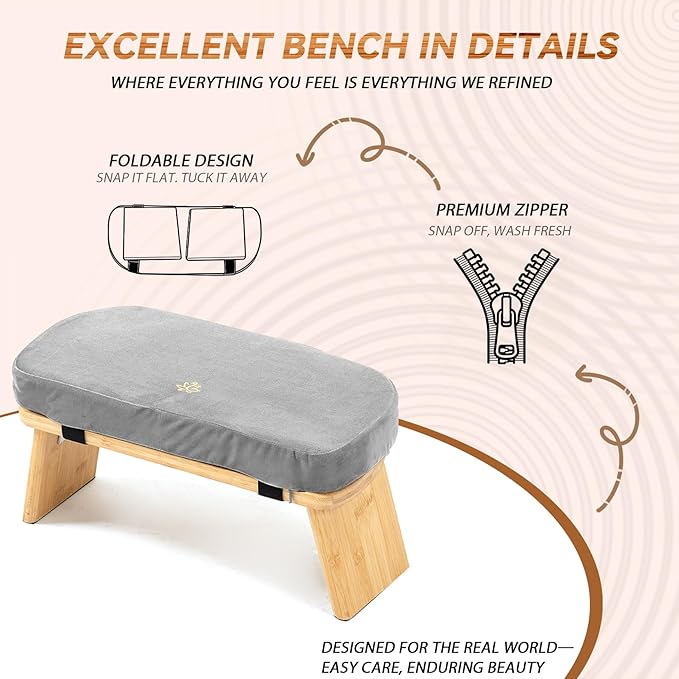 Meditation Bench, Bamboo Meditation Stool, Folding Kneeling Meditation Bench, Seiza Prayer Bench, Prayer Bench with Meditation Cushion, Kneeling Stool(Grey)