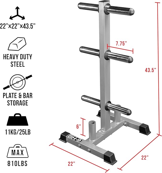 Valor Fitness Weight Plate Rack with Barbell Holders – Heavy-Duty Steel Storage Tree with 6 Pegs and 2 Vertical Bar Sleeves for Standard and Olympic Plates – 800 lb Capacity for Home & Garage Gyms