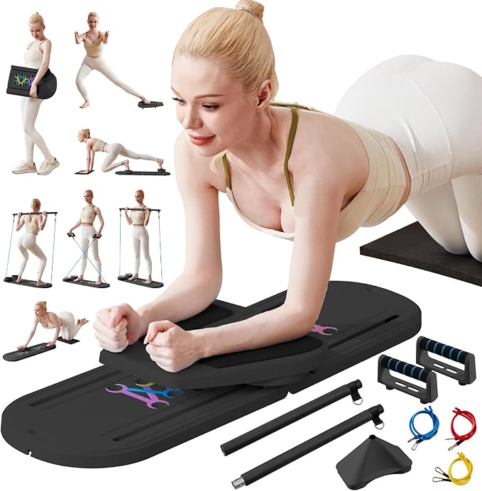 Pilates Board & Reformer Machine Set - Foldable Home Pilates Equipment, 6-in-1 Multifunctional Pilates Sliding Board for Women/Men, Portable Pilates Reformers Workout Machine 2025 Pro Version