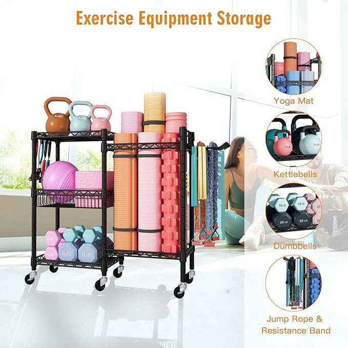FUTASSI Home Gym Storage, 3 Tiers Workout Equipment Organizer with Wheels for Yoga Mats, Foam Roller, Dumbbells, Kettlebells, and Resistance Bands
