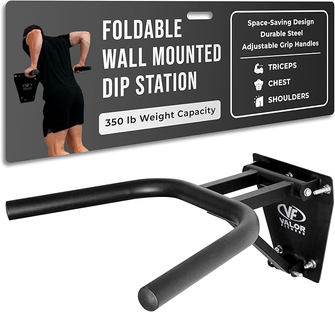 Valor Fitness Wall Mounted Dip Station - Foldable Triceps Dip Bars with Padded Handles for Home Gym Upper Body Strength Training - Supports Up to 400 lbs