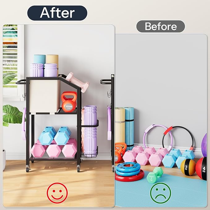 HOOBRO Dumbbell Rack, Weight Rack for Dumbbells, Yoga Mat Storage Rack, Home Gym Storage Rack for Dumbbells Kettlebells Foam Roller, Workout Storage Organizer with Wheels & Hooks, Black BE85CJ01N1