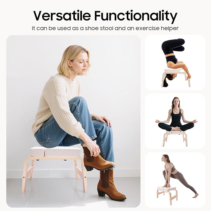 Yoga Headstand Stool, Solid Wood Yoga Inversion Bench with Detachable T-Shaped Block, Meditation Benches with Sponge Seat, for Yoga, Waist, Leg Exercises