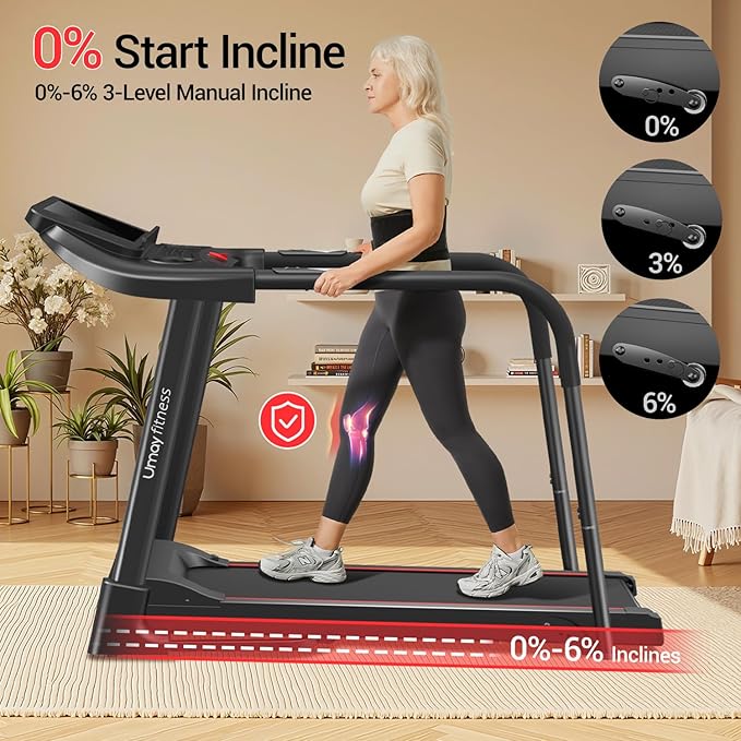 UMAY Fitness Rehab Treadmill with Extended Handrails & Belt for Safety & Balance, 0.1 Increment for Start & Stop, Pulse Sensors, Auto-Folding Home Recovery Treadmill, 300 LBS Capacity