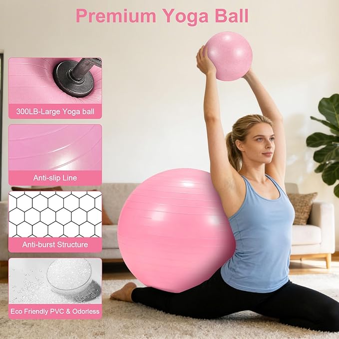 4Pcs Yoga Ball Set includes Large and 9in Pilates Balls, Massage & Spiky Ball for Fitness ,Anti-Burst Exercise Ball with Pumb for Pregnancy,Physical Therapy,Office Chair, Home Workout,3Sizes,3Colors