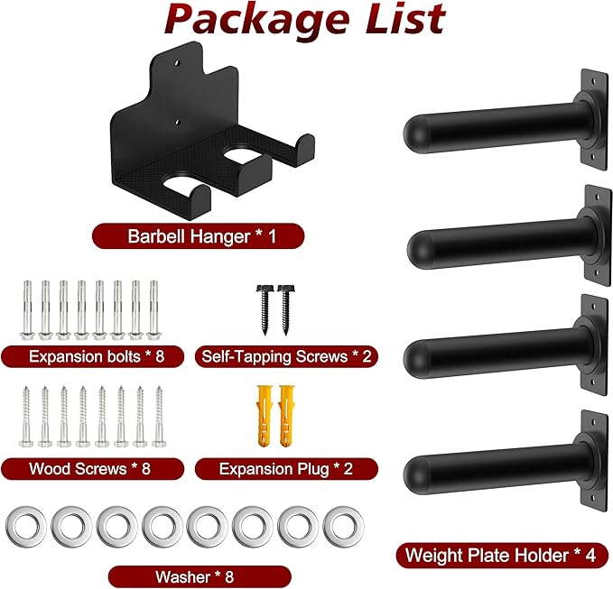 4 Pack Wall Mounted Weight Plate Holder and 1 Pack 2 Hooks Barbell Hanger, Weight Plate Holder for 2" Weight Plates, Vertical Barbell Holder With Protective Rubber Pad for Garage Home Gym