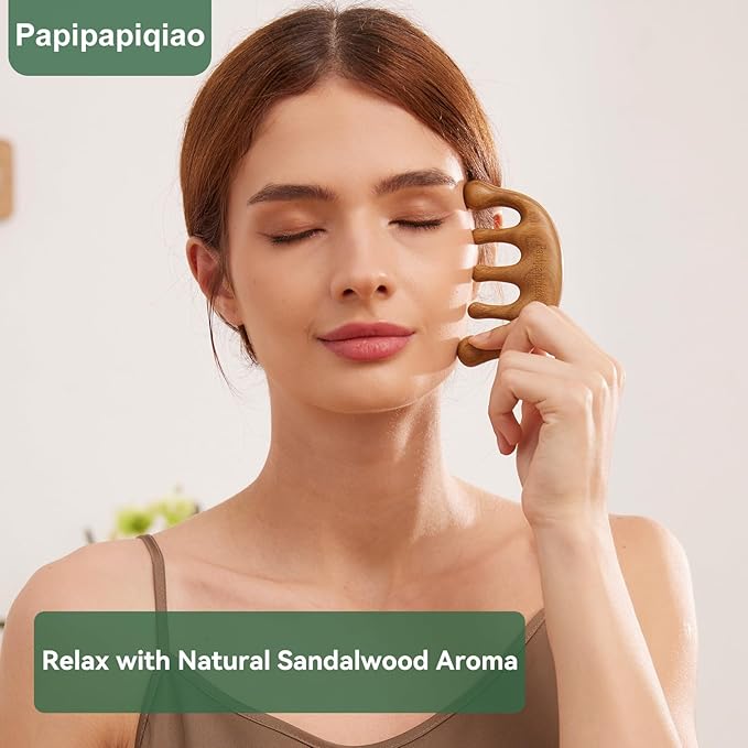 Natural Green Sandalwood Gua Sha Comb – Wooden Face, Scalp & Body Massage Tool, Multi-Point Manual Trigger & Pressure Point Massager, Travel-Size Relaxation & Self-Care Gift for Women & Men