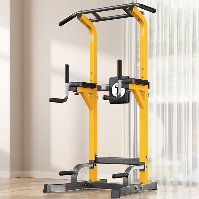 Pull Up Bar Station, 10-Level Height Adjustable Wall Mounted Home Gym, 330 lbs Capacity with Dip Bars & Push Up Handles, for Chin Up, Dips, Leg Raise (Black/Red/Yellow)