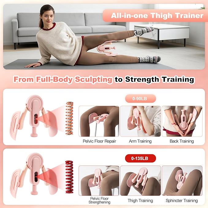 Thigh Trainer, 10-135LB Adjustable Resistance Inner Thigh Exerciser, Pelvic Floor Muscle Repair with Leg Strap, Workout Kegel Exercise Equipment for Shaping, Yoga, Weight Loss Home Gym