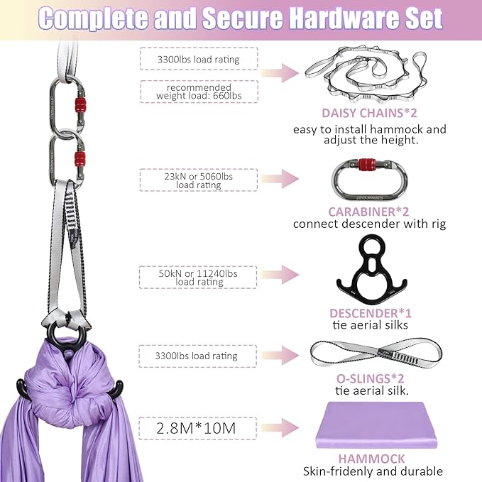 Aerial Silks Kit & Aerial Yoga Hammock - 11Yd Premium Fabric with Hardware - Easy Setup for Flying Yoga, Aerial Swing & Fitness - Supports Up to 14ft Rigging