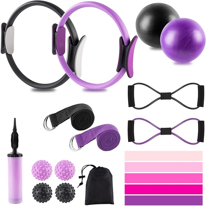 Pilates Ring Set - Complete Home Equipment Kit for Women with Magic Circle, Resistance Bands, Massage Balls, and Exercise for Toning and Flexibility