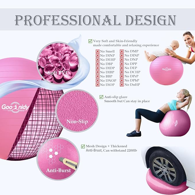 Soft Exercise Ball, Anti-Burst Pilates Yoga Ball Chair Supports 2200lb, Workout Equipment w/ Pump for Women Pregnancy, Medicine, Birthing, Physical Therapy, Stability, Excersing, Birth, Swiss, Fitness