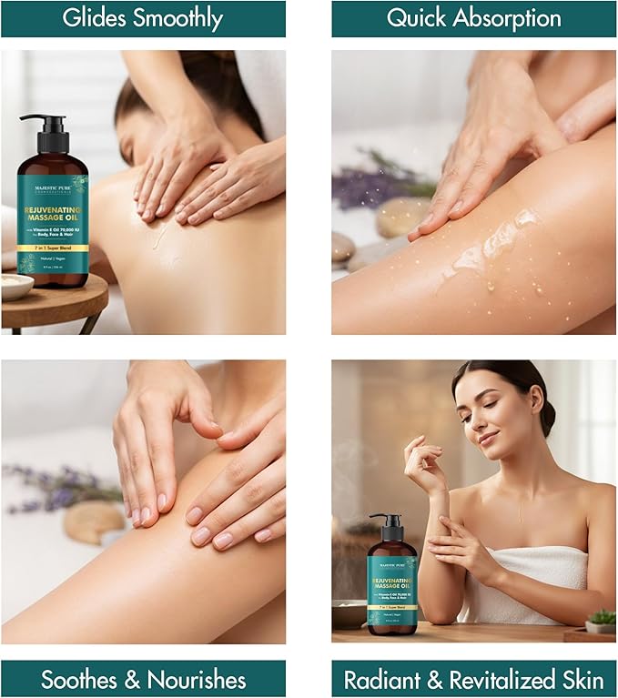 MAJESTIC PURE Vitamin E 70k Blend Massage Oil for Massage Therapy- Refreshing and Relaxing- Natural Oils with Almond, Jojoba, Argan & Avocado for All Skin Types- Men and Women Massage Lotion- 8 fl oz