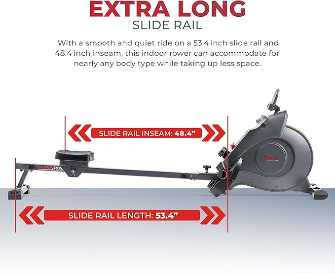 Sunny Health & Fitness Magnetic Rowing Machine Rower with 8-Level Resistance, 53.4" Extended Slide Rail & Digital LCD Display - SF-RW5515