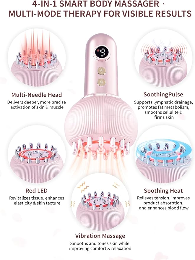 Lymphatic Drainage Massager & Anti Cellulite Massage Tool, Helps Reduce Stretch Marks & Cellulite, for Legs, Arms & Belly, Body Sculpting Machine with Microcurrent, Light, Heat & Vibration (Pink)