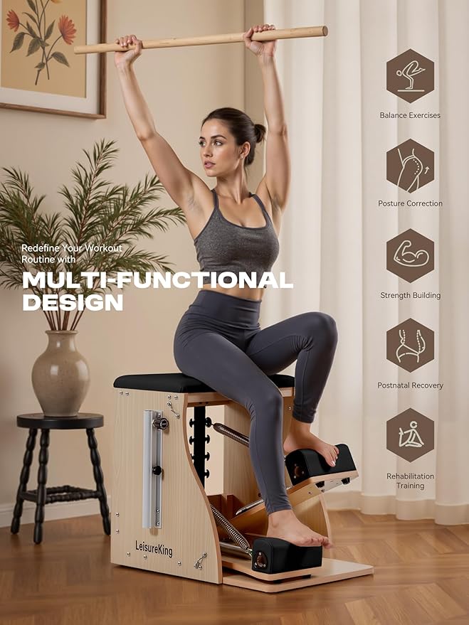 Pilates Combo Chair for Home Workouts, Wunda Chair with 5-Level Handles, Split Pedals, Resistance Bands, for Studio, Gym, Pilates Workout, Rehabilitation Exercises, Easy Assembly