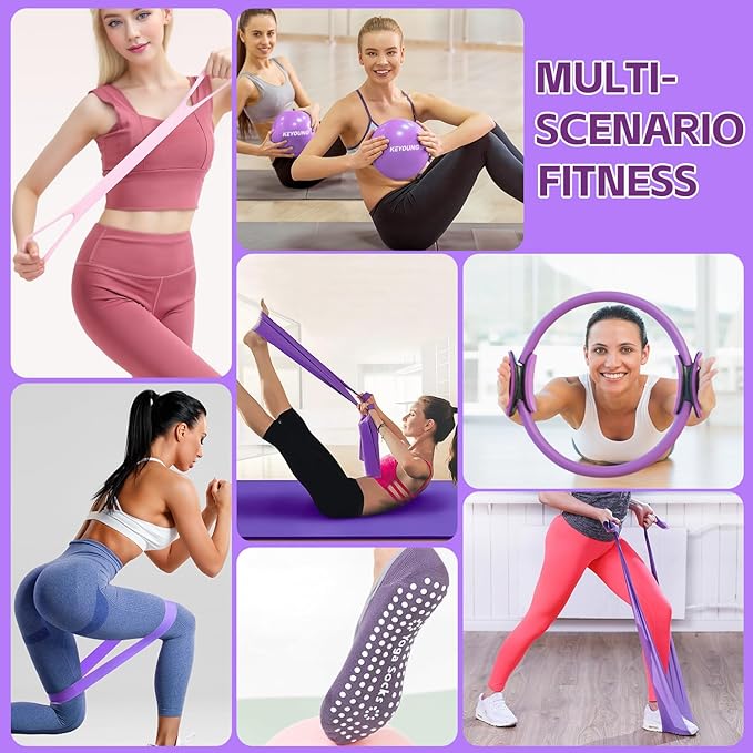 12 Pcs Pilates Equipment kit for Home Workouts, Women's Pilates Essentials Set, Pilates Ring and 2 Ball Accessories Ket, with 5 Resistance Loop, Grip Socks, Resistance Bands, Sculpt Band & Storage Bag