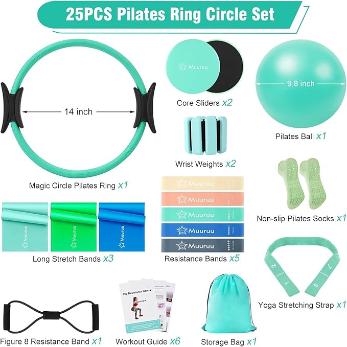 Pilates Equipment Kit for Home Workout, Pilates Ring and Ball Set for Women, 14'' Magic Circle Essentials Accessories Kit, Wrist Weights, Resistance Bands, Yoga Strap, Socks, Bag