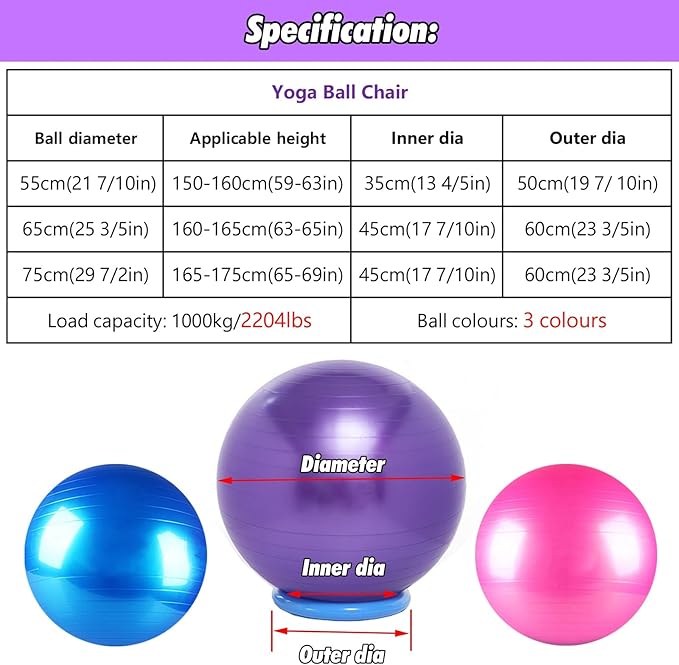 SRNSAEB Exercise Ball Seat for Office Desk Height, Ergonomic Balance Ball Chair Stool for Home/Office/School/Gym/Prolonged Sitting, Height Adjustable Pilates Yoga Ball Chair(Pink,55cm (21 7/10in))