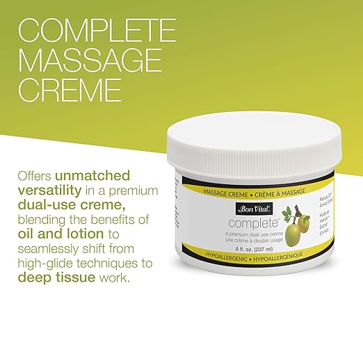 Bon Vital Complete Massage Creme, 8oz Jar, Unscented Non-Greasy Cream with Marula, Olive & Jojoba Oils, Hypoallergenic Moisturizer for Professional or Home Use, Premium Dual-Purpose, Massage Therapy