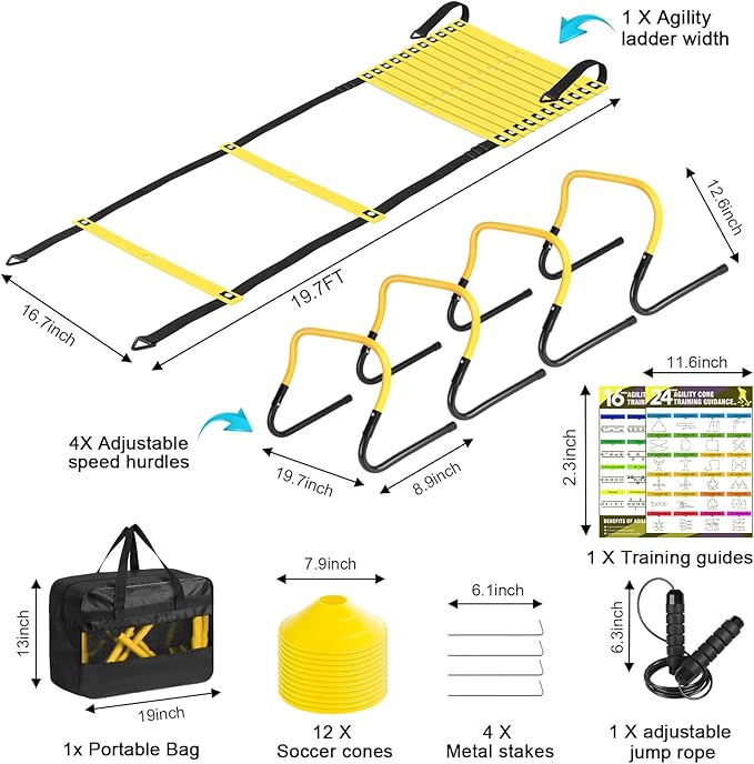 Agility Speed Training Equipment Set, Football Practise Set with 20ft Agility Ladder, 12 Cones, 4 Adjustable Hurdles, Jump Rope, for Basketball, Soccer Training, Football, Kids, Youth, Adults