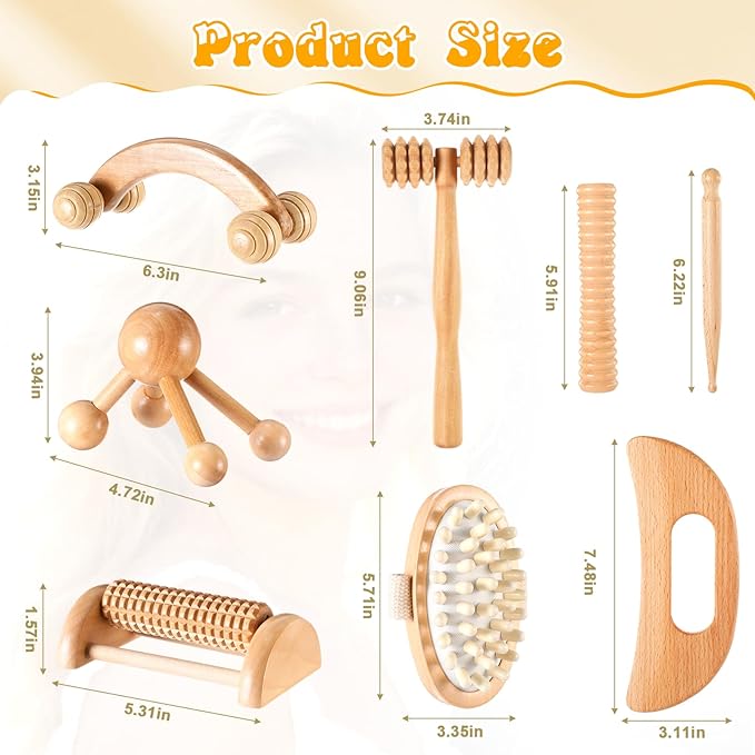 TrelaCo 8 Pcs Wood Therapy Massage Tools Set, Lymphatic Drainage Massager Maderoterapia Kit, Manual Massage Rollers for Muscle Pain Relief, Anti-Cellulite, Body Contouring and Shaping