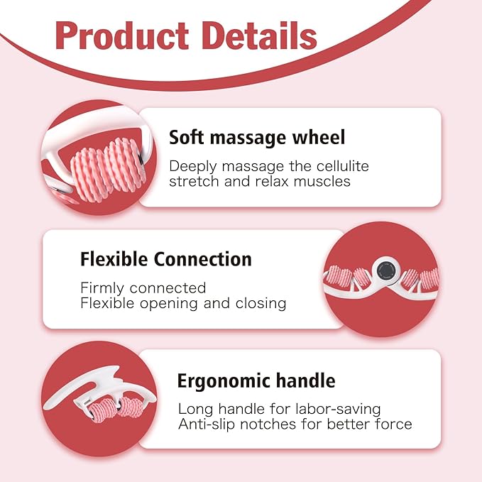 Cellulite Massage Tool Cellulite Roller for Legs/Thighs/Body, Lymphatic Drainage Massager Anti Cellulite Smooth & Firm Cellulite Remover Help Relax Muscles and Stimulate Circulation, Pink-White