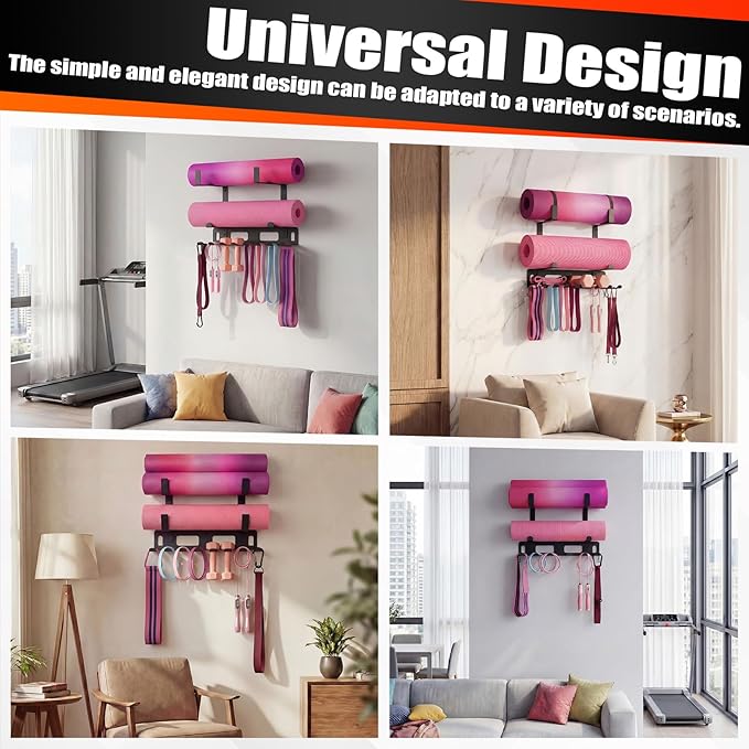 Novabright Gym Storage Rack Resistance Band Rack Multi Purpose Wall Mount for Home 8 Hook Wall Hanger Display with 4 Adjustable Hooks for Gym Equipment, Exercise Bands, Lifting Belts and Jump Ropes