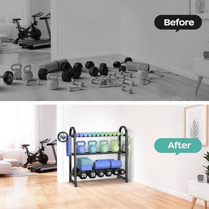 3 Tier Dumbble Rack - 360LB Capacity Adjustable Dumbbell Storage Rack Space-Saving Home Gym Weight Rack For Dumbbells And Kettlebells With Hooks (Dumbbell Rack Stand Only)