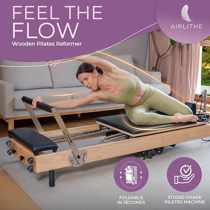 Airlithe Foldable Pilates Reformer Machine|Wooden Frame Reformer Machine with Strings, Versatile Accessories & 50+ Expert-Guided Workouts|Equipment for Strength Training, Rehabilitation, & Flexibility