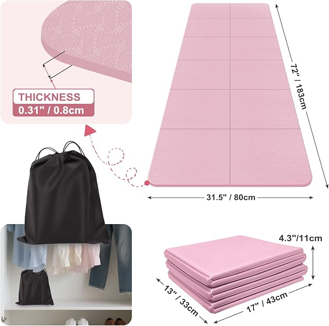 Foldable Yoga Mat for Travel 72"x 32"x 0.32"Inch, 8mm Thick Folding Exercise Mat, Outdoor Non-slip Pilates Mat for Women & Men, Wide Yoga Mat Packable for Workout and Fitness