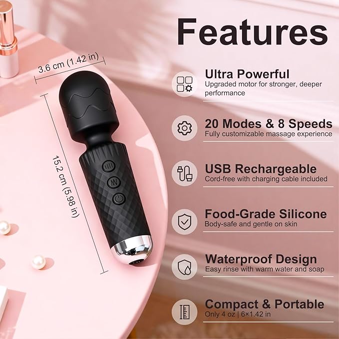 Upgraded Handheld Rose Black Mini Massager Tool Device, Premium Silicone Relaxation Massager Rechargeable to Relieve Whole Body Muscle Tension, 20 Modes 8 Speeds