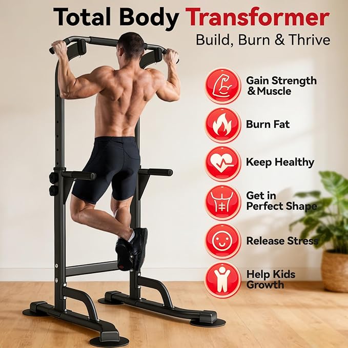 Power Tower Pull Up Dip Station Foldable, Pull Up Bar Station Adjustable, Multi-Function Home Gym, Strength Training Fitness Equipment, Triangular Design, for Home Outdoor