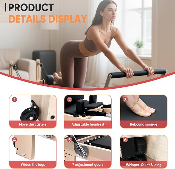 Professional Pilates Reformer Machine for Home – Full-Body Workout Reformer with Jumpboard, Box & Foot Straps – Smooth Glide System, Adjustable Resistance, Solid Wood Frame