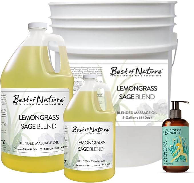 Best of Nature Lemongrass and Sage Massage Oil Blend - Non-Greasy Aromatherapy Massage Oil for Body, Skin & Face, Crafted with Pure Essential Oils (640 fl oz)