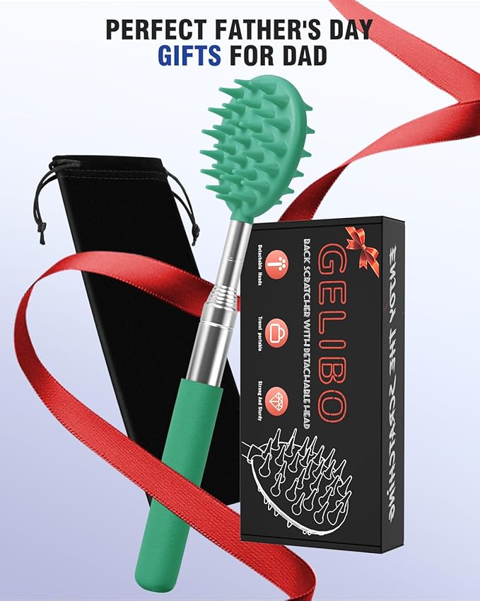 Gelibo Telescoping Back Scratcher with 5Pcs Detachable Heads,Fathers Day Dad Gifts from Wife Daughter Son,Mens Gifts,Husband, Extendable Back Massager Tool with Beautiful Box - Cyan