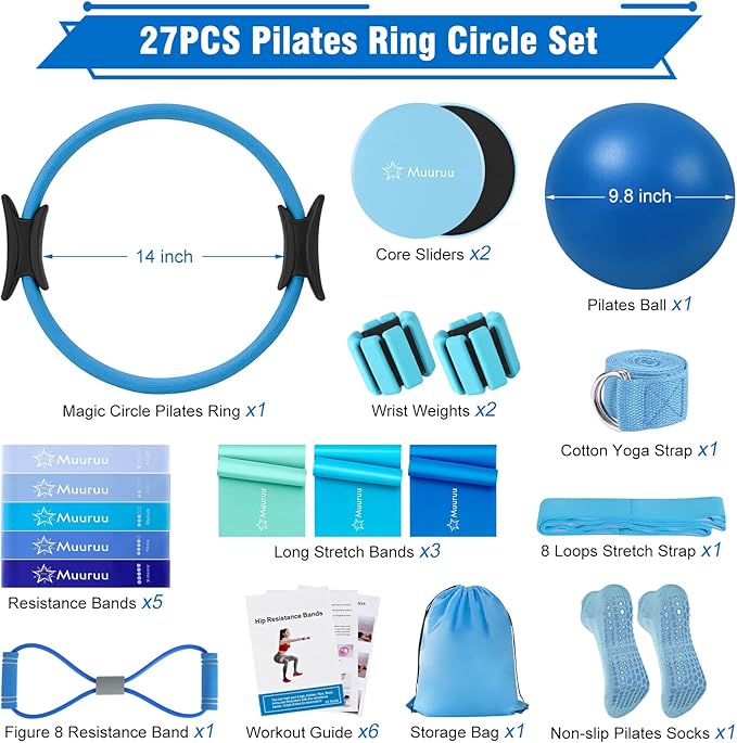 Pilates Equipment Kit for Home Workout, Pilates Ring and Ball Set for Women, 14'' Magic Circle Essentials Accessories Kit, Wrist Weights, Resistance Bands, Yoga Strap, Socks, Bag