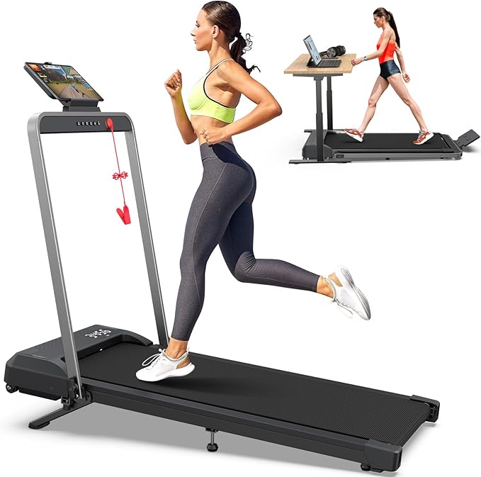 WELLFIT Folding Treadmills with Incline, Under Desk Walking Pad, Treadmill for Home Office with Handle Bar, 4 in 1 Smart Treadmill Work with KINOMAP Easy Move Upright Place, Manual Auto Incline Option