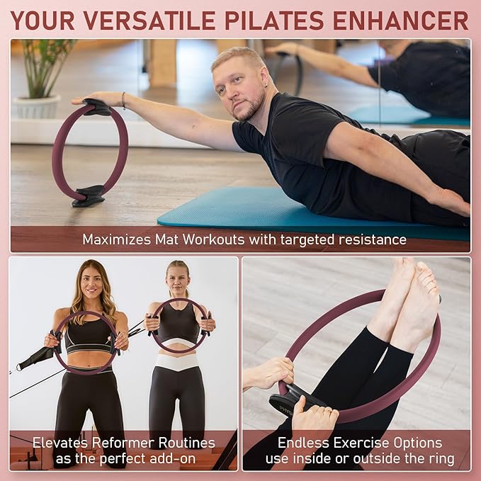 Pilates Ring, 15-Inch Magic Circle with Extra Thick Padded Handles, Pilates Equipment for Toning Inner Thighs, Arms and Strengthening Cores- Workout Guide Included